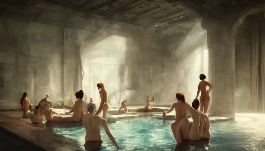 Image similar to bathhouse, women in towels, spa, light, shadows, reflections, epic composition, intricate, elegant, volumetric lighting, digital painting, highly detailed, artstation, sharp focus, illustration, concept art, wlop, artgerm, ruan jia, steve mccurry