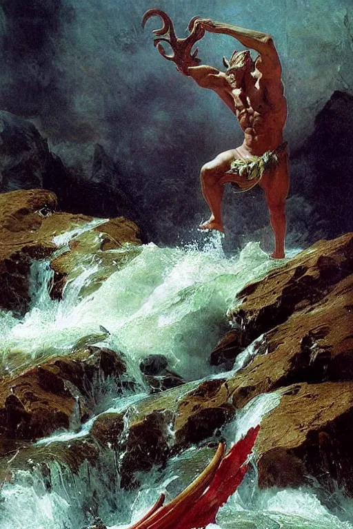 Image similar to martyn fords as huge muscular demon with ram's horns and emerging from lake in rockies, water splashing cascading, beautiful day, by albert bierstadt, ruan jia, lawrence alma tadema, zdzislaw beksinski, norman rockwell, jack kirby, tom lovell, greg staples