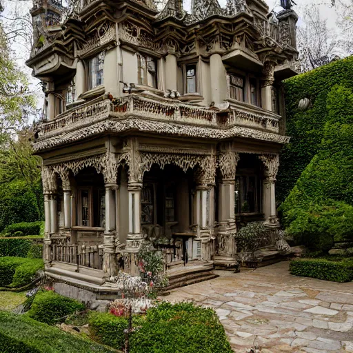 Image similar to This image is of an ornate fantasy house. It has a large, turreted main house with a smaller house attached. Both houses are adorned with intricate carvings and detailed stonework. There is a large garden with fanciful topiary and a stone path leading up to the front door. Photography.