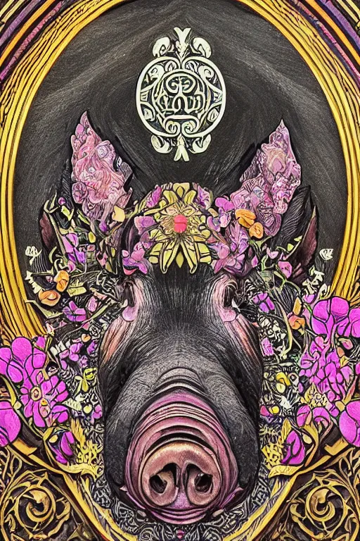 Image similar to Painted dark-wood panel relief carving of the close up of a Flowerpunk Pig, ornate border frame, explosion of colorful flowers, dark wood, intricately carved, black ink, festival of rich colors, intricate details, cinematic lighting, volumetric lighting, post-processing, art nouveau, tarot, fractal art, mandala, by andreas rocha and john howe, and Martin Johnson Heade, featured on artstation, featured on behance, golden ratio, hyper detailed, photorealistic, epic composition, center spotlight, f32, well composed, symmetrical, UE5, 8k