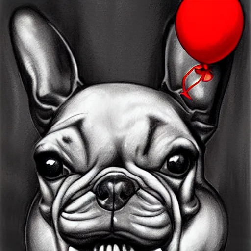 Image similar to surrealism grunge cartoon portrait sketch of a french bulldog with a wide smile and a red balloon by - michael karcz, loony toons style, pennywise style, chucky style, horror theme, detailed, elegant, intricate
