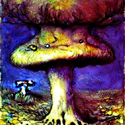 Image similar to strange mushroom by beksinski, luis royo and arthur rackham