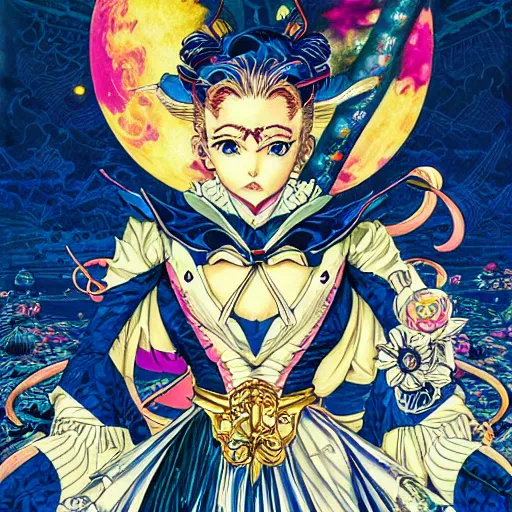 Image similar to portrait of crazy sailor moon, symmetrical, by yoichi hatakenaka, masamune shirow, josan gonzales and dan mumford, ayami kojima, takato yamamoto, barclay shaw, karol bak, yukito kishiro