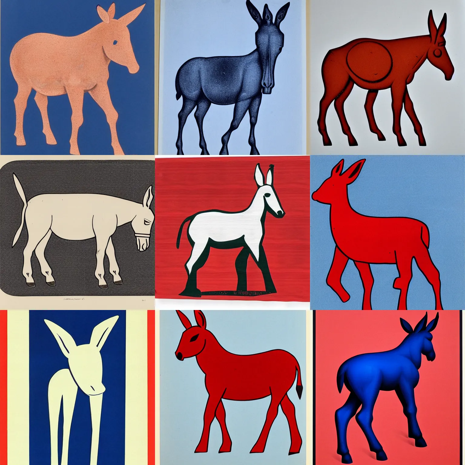 Prompt: lithograph side view of standing donkey with ears up against white background, duotone!, cycladic! sculptural style, wood print, stamped, full body, flat colors, iconic, simplified, ultramarine blue!!! and red iron oxide!!