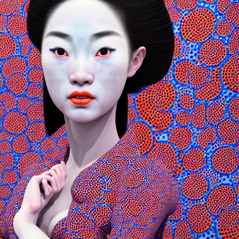 Image similar to hyperrealistic detailed image of a geisha in a art installation room, hd smooth interior by yayoi kusama, part by kei mieno, part by ross tran, dark art by james jean, ultra realistic, highly detailed, life like face, detailed body, 8 k, 3 d render by roger magrini, masterpiece