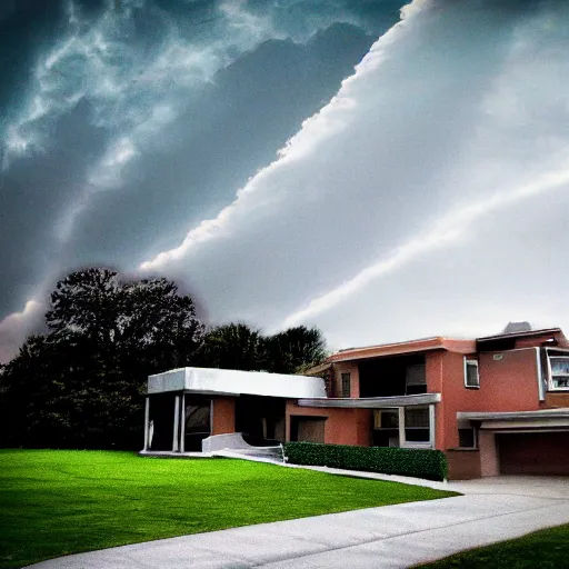 Image similar to a suburban house under a fake sky,