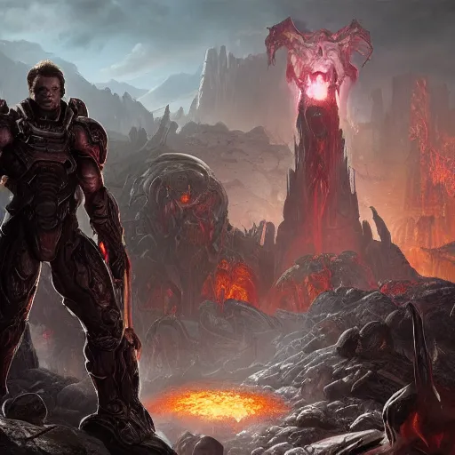 Image similar to Liam Neeson, doom eternal concept art, cinematic