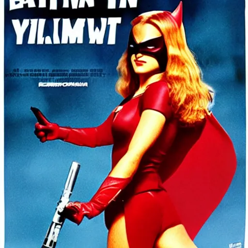 Image similar to film poster of young jennifer anniston as batwoman