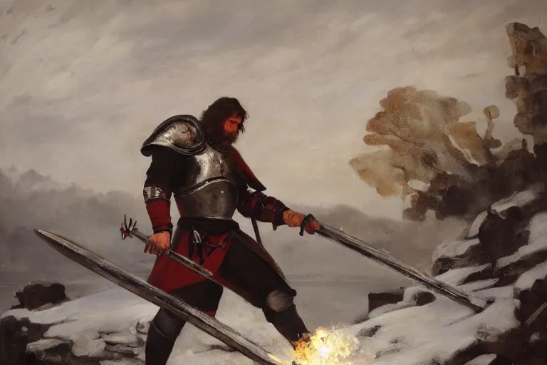 Image similar to landscape realistic painting image about a templar knight with one mechanical hand carrying a fire sword, and wielding it at the ice dragon. dramatic scene, realism, created by gustave courbet and michaelangelo, trending in artstation, fine art, smooth draw with oil painting.