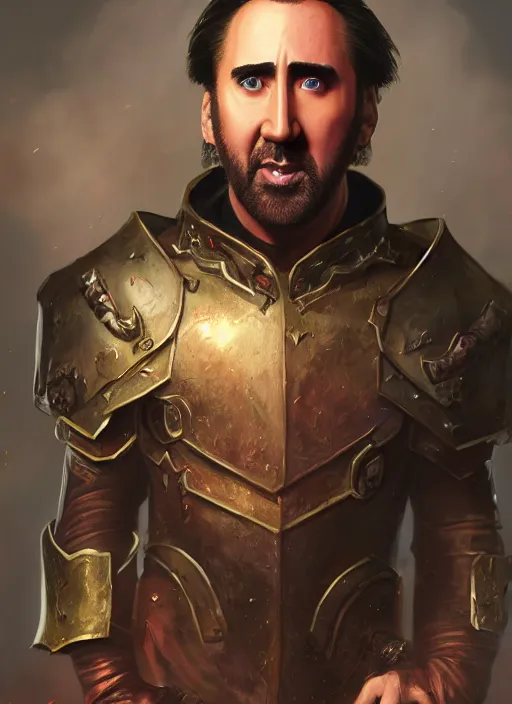 Prompt: A fantasy comic book style portrait painting of as Nicolas Cage as a paladin, unreal 5, DAZ, hyperrealistic, octane render, RPG portrait, dynamic lighting