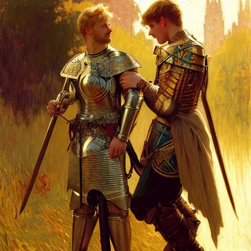 Image similar to attractive arthur pendragon and his attractive male knight, they are in love, natural lighting, path traced, highly detailed, high quality, digital painting, by gaston bussiere, craig mullins, alphonse mucha j. c. leyendecker