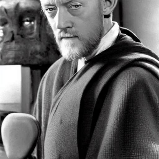 Image similar to a photo-story showing the young obi-wan's desire for plastic surgery to look more like alec guinness. we see obi-wan's regret in later life. there's too much detail and emotion here.