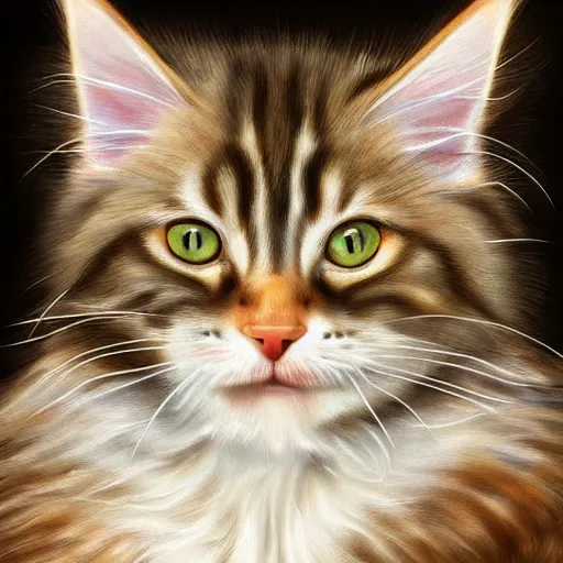 Image similar to extremely detailed portrait of a wise maine coon explaining the beauty of mathematics to its kitten. highly detailed lifelike photorealistic digital painting, artstation.