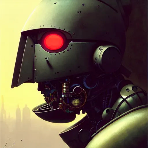 Image similar to a expressive portrait of masked diesel punk robot in dramatic lighting, depth of field background, artstation, award - winning realistic sci - fi concept art by jim burns and greg rutkowski, beksinski, a realism masterpiece, expressive color palette, james gilleard, bruegel, alphonse mucha, and yoshitaka amano