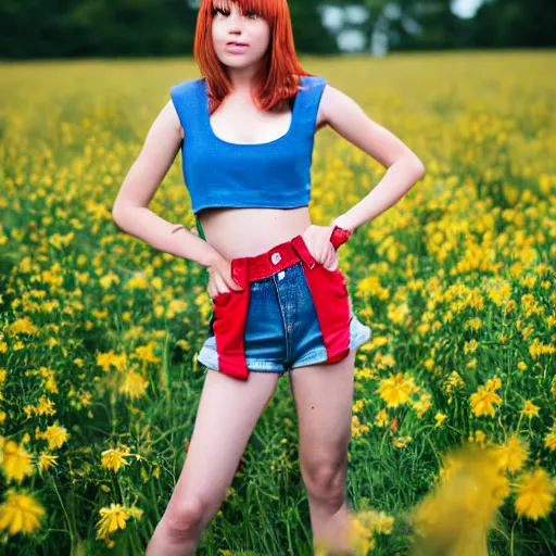 Image similar to misty from pokemon, wearing a yellow crop top and blue denim shorts with red suspenders on top, standing in a field, by gottfried helnwein, dslr full body portrait, sigma 8 5 mm f / 1. 8