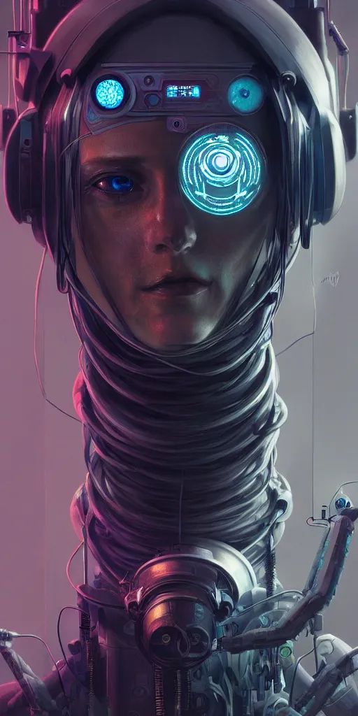 Image similar to ultra detailed, realistic cyberpunk portrait of one character, sci fi, cybernetic, wires, robotics, ar nouveau, by alfons maria mucha, dark mood, high detailed, 4 k, hd, high quality