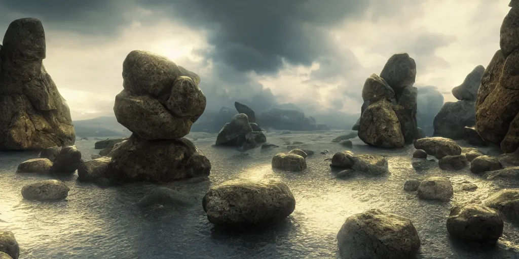 Prompt: Photorealistic epic landscape with floating rocks, with ominous clouds, levitating stones, a gente rising mist. photorealism, UHD, amazing depth, glowing, golden ratio, 3D octane cycle unreal engine 5, volumetric lighting, cinematic lighting, cgstation artstation concept art
