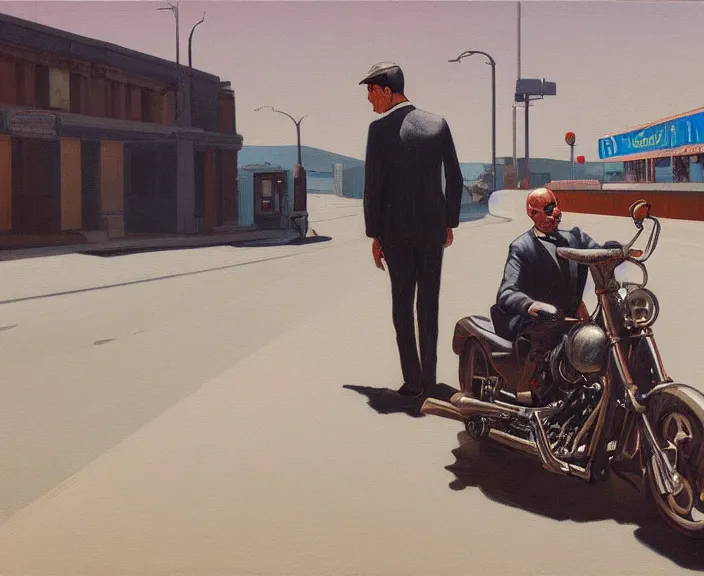 Prompt: a very detailed painting of a man wearing a suit, his head is a skull, riding a motorbike down a street, harley davidson motorbike, worm's - eye view, very fine brush strokes, very aesthetic, very futuristic, in the style of edward hopper and grant wood and syd mead, 4 k,