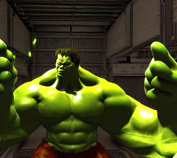 Prompt: hulk in the videogame doom, screenshot