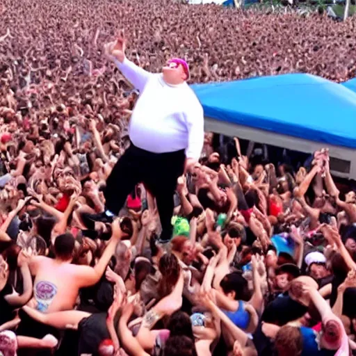 Prompt: found footage of Peter Griffin in a mosh pit at the worlds largest music festival 4k