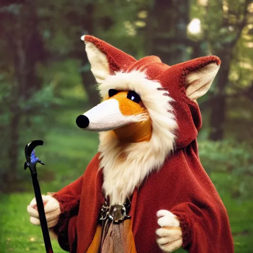 Image similar to photorealistic real life foxfolk wizard druid as a very fancy and very adorable and lovable furry muppet plush wearing a fancy elven cloak and holding a sentient scimitar, photography, national geographic, sesame street