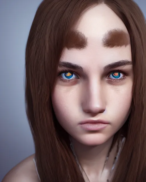 Image similar to symmetry!! portrait of 1 5 - year - old girl with voluminous bushy brown hair, large front teeth, and bright piercing brown eyes, unreal 5, daz, hyperrealistic, octane render, cosplay, rpg portrait, dynamic lighting