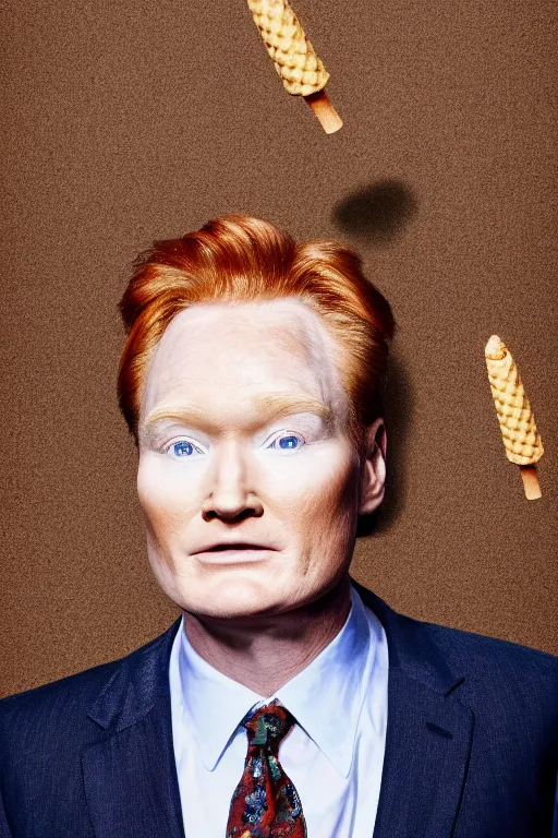 Image similar to 📷 conan o'brien the ice - cream cone 🍦, made of food, portrait still image, dynamic lighting, 4 k