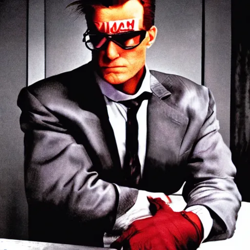 Image similar to Duke Nukem as The American Psycho, staring intensely, Duke Nukem art style, cinematic still