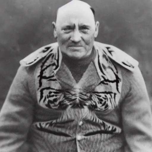 Prompt: an old photo of a general with a tiger's head