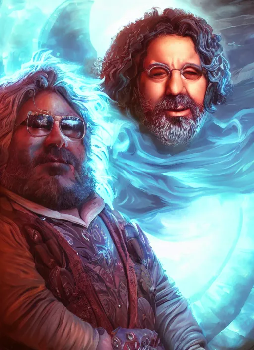 Image similar to An epic fantasy comic book style portrait painting of Jerry Garcia, fisheye lens, unreal 5, DAZ, hyperrealistic, octane render, cosplay, RPG portrait, dynamic lighting