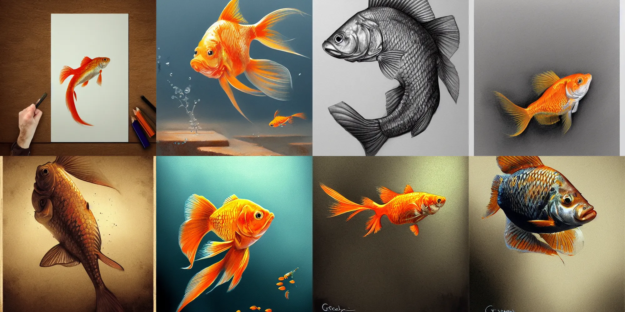 Prompt: goldfish, pencil sketch, realistic shaded, fine details, realistic shaded lighting poster by greg rutkowski