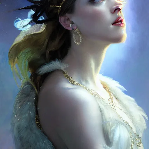 Image similar to hyperrealistic portrait of a woman as amber heard as greek goddess of the night sky wearing white swan dress wearing sapphire jewellery feather collar by jeremy mann and alphonse mucha, fantasy art, photo realistic, dynamic lighting, artstation, poster, volumetric lighting, very detailed faces, 4 k, award winning