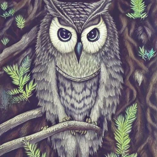 Image similar to mixture between an! owl and wolf, captured in a forest