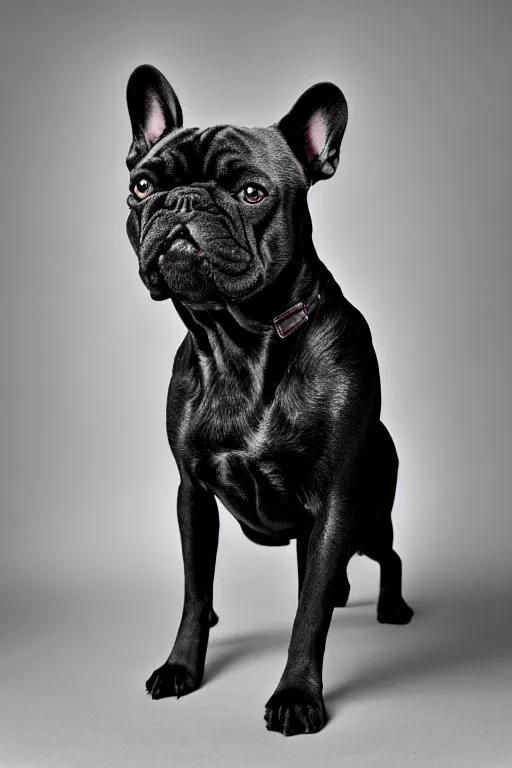 Prompt: full body portrait of a black french bulldog, symmetrical, detailed facial features, victorian female clothing, cinematic lighting, highly detailed, by annie leibovitz, 4 k,