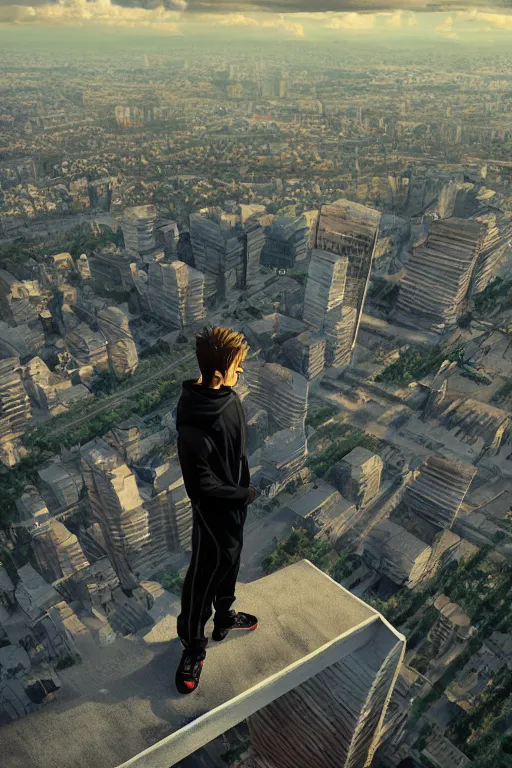 Image similar to Man in black adidas tracksuit looking atop of a urban plateau filled with soviet apartment buildings, golden hour, dreamy, beautiful clouds, beautiful ambient, lighting, wallpaper, beautiful artwork by Makoto Shinkai