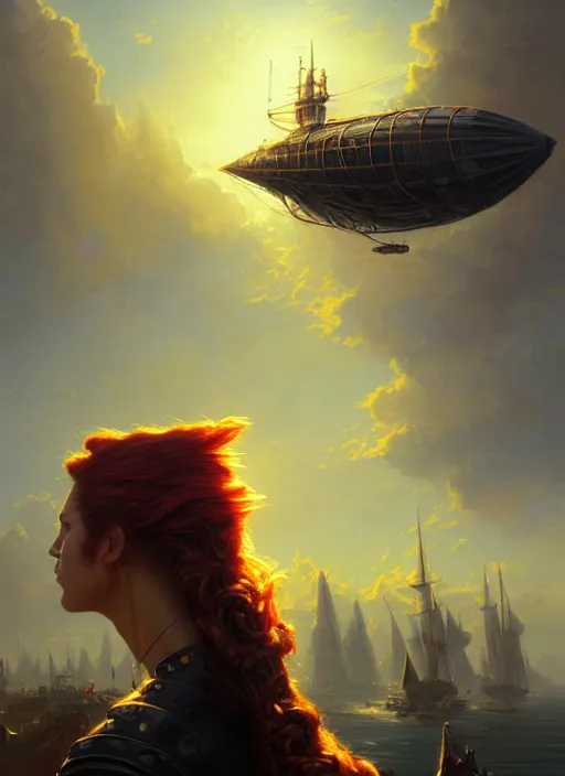 Prompt: portrait painting of a handsome rugged long hair crimson hair male pirate, top half portrait soft hair steampunk ornate zeppelin blimp airship in the background sky sunset golden hour art by raphael lacoste and stephan martiniere greg rutkowski gaston bussiere fantasy soft hair trending on artstation deviantart book cover art dramatic volumetric lighting, 4 k, award winning