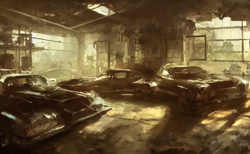 Image similar to an old garage interior interior, painting by Craig Mullins, octane rendering, soft lighting, wide angle lens, low view, in the style of Pixar animation, trending on artstation,