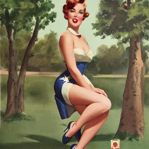 Image similar to full body pin up post war dressing a military unioform,with a park in the back ground, water color, Gil Elvgren style