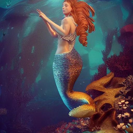 Prompt: underwater mermaid, hyper detailed, digital art, cinematic lighting, studio quality, smooth render, unreal engine 5, octane rendered, art style by klimt and nixeu and ian sprigger and wlop and krenz cushart.