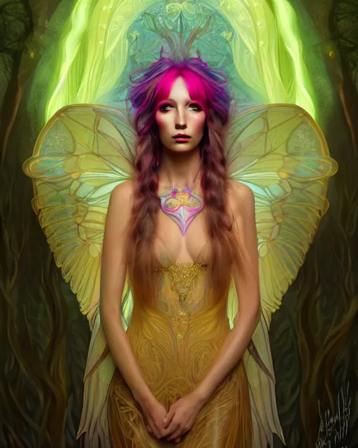 Prompt: portrait, stunningly beautiful female faerie priestess in a forest, symmetrical wings on back, neon hair, wearing a dress of gossamer gold, inner glow, illustration, dramatic lighting, soft details, painting, art nouveau, octane render, 8 k, hd, by brom, faces by otto schmidt
