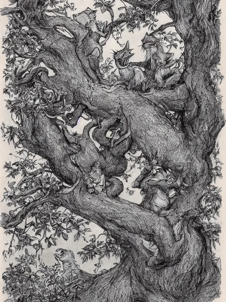 Image similar to Tenniel illustration cheshire cat, sitting in a tree