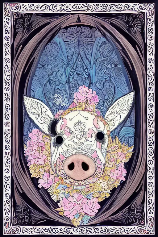 Image similar to Painted dark-wood panel relief carving of a Flowerpunk Piglet, White and pale blue toned, ornate border frame, explosion of colorful flowers, dark wood, intricately carved, black ink, festival of rich colors, intricate details, cinematic lighting, volumetric lighting, post-processing, art nouveau, tarot, fractal art, mandala, by andreas rocha and john howe, and Martin Johnson Heade, featured on artstation, featured on behance, golden ratio, hyper detailed, photorealistic, epic composition, center spotlight, f32, well composed, symmetrical, UE5, 8k