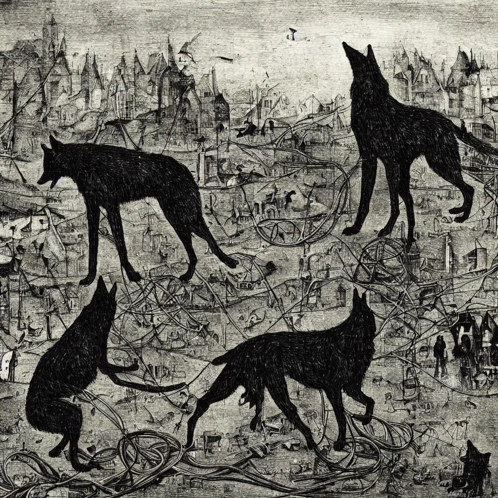 Prompt: a highly detailed black wolf sitting on top of a giant analog synthesizer chewing on the cables and wires connected to it and running along the ground in the middle of downtown oslo while people look on in surprise. the sky is dark and clouds are gathering. something strange is happening. in the style of hieronymus bosch.