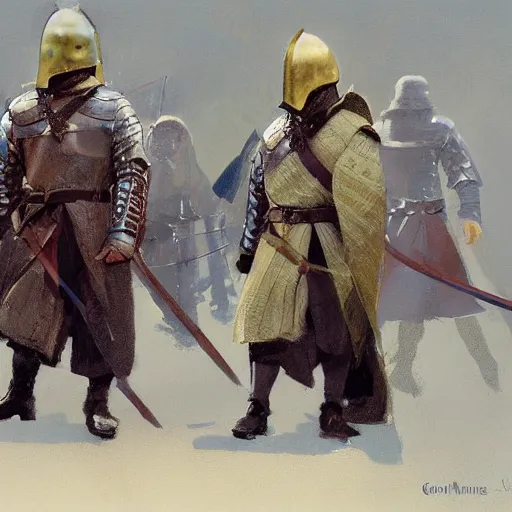 Image similar to portrait of men wearing gambeson and medieval helmets, clashing swords, detailed by greg manchess, craig mullins, bernie fuchs, walter everett