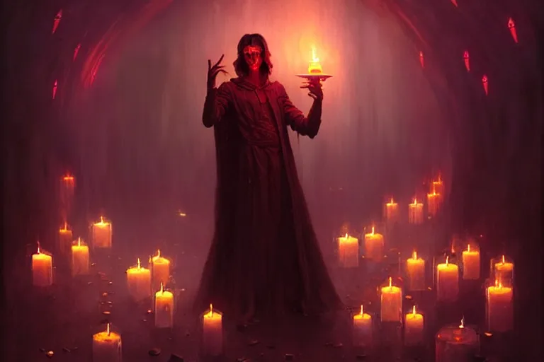 Image similar to Character concept art of Pretty guy male necromancer bringing dead to alive, casting dark magic spell. Castle room, lots of candles, barely lit warm violet red light, many transparent souls comes through the floor By greg rutkowski, tom bagshaw, beksinski