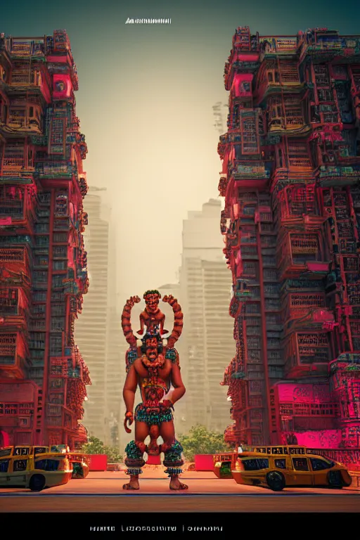 Image similar to high quality 3 d render post - rococo cyberpunk hanuman! head building, neon madhubani, highly detailed, in sci - fi mumbai, cinematic smooth unreal engine, lee madgwick & liam wong, dramatic light, low angle, uhd 8 k, sharp focus