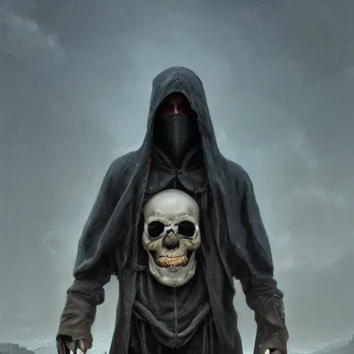 Prompt: a portrait of an hooded man with a skull face, Matte painting , detailed painting, made by Greg Rutkowski, 4k resolution, atmospheric, extremely high detail