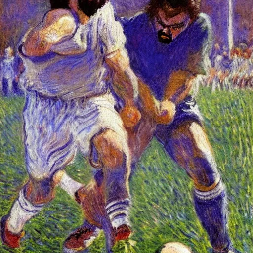 Image similar to monet painting of a bearded man getting hit in the groing with a soccer ball, highly detailed, realistic,