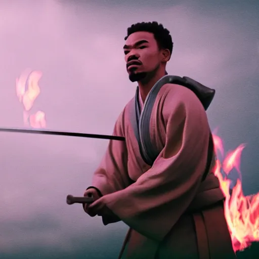 Image similar to cinematic film still of Chance The Rapper starring as a Samurai holding fire, Japanese CGI, VFX, 2022, 40mm lens, shallow depth of field, film photography