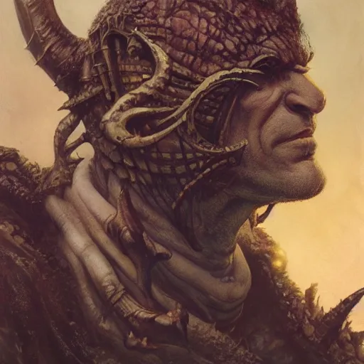 Image similar to head and shoulders portrait of a slaad, d & d, fantasy, greg rutkowski, frank frazetta, alexandre chaudret, boris vallejo, michael whelan, miro petrov, hr giger, magali villeneuve, donato giancola